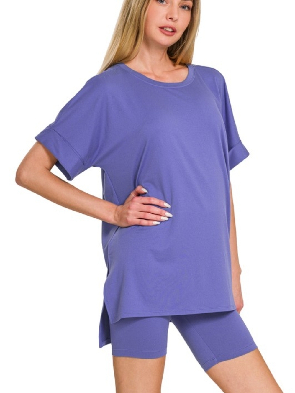 Relaxed Lavender Lounge Tee & Biker Short Set - Women Lounge Set Color Marlin - Picture 2 of 3